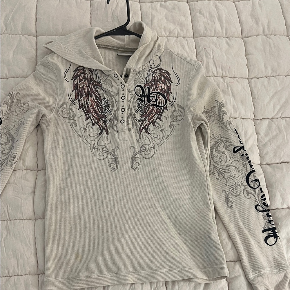 Harley-Davidson Cream Waffle Knit Hoodie Henley with Wing Logo